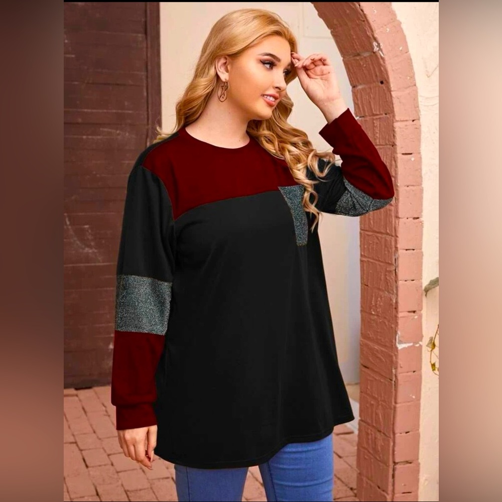 Plus Spliced Glitter Pocket Patched Colorblock Tee